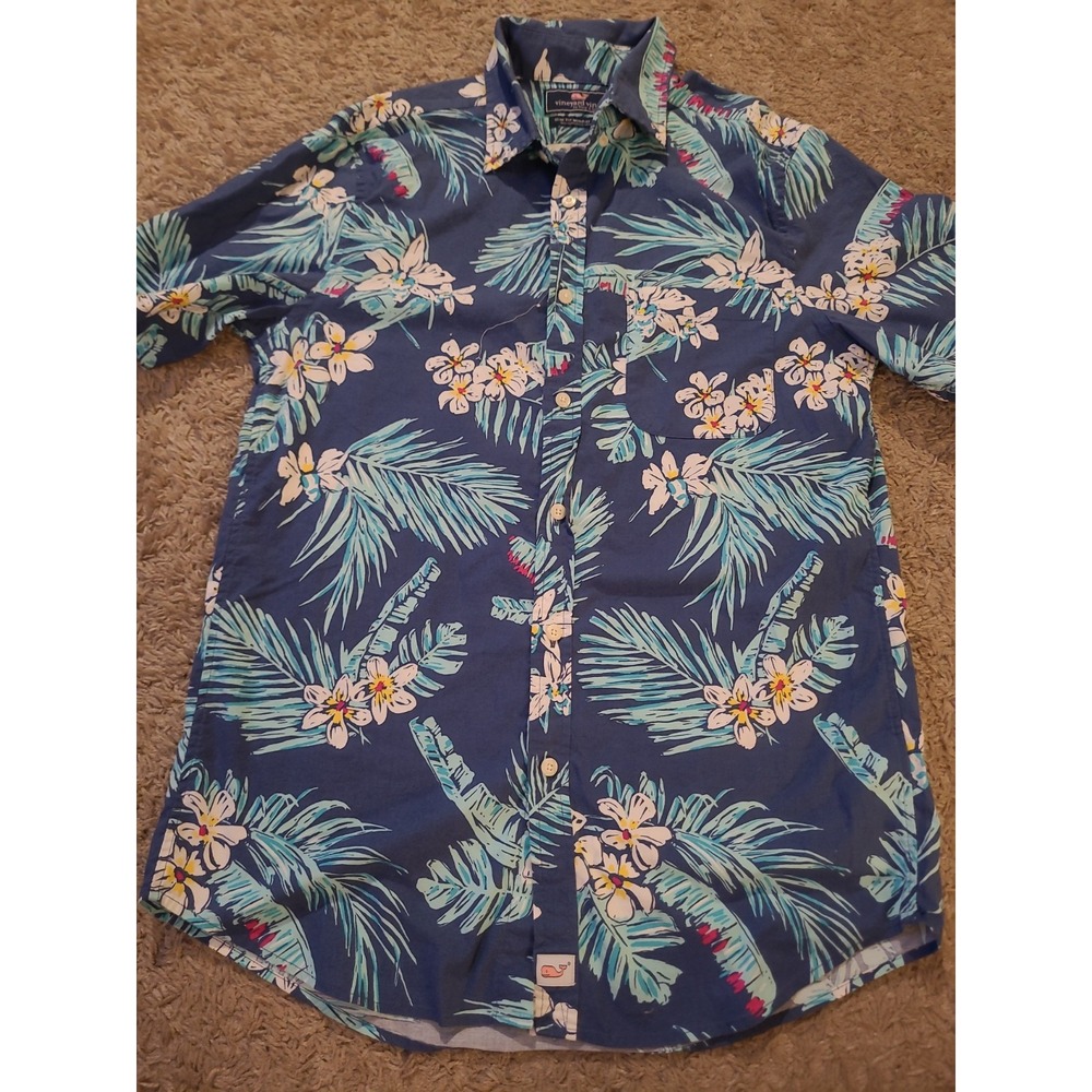 Vineyard Vines Murray Shirt Mens Small Slim Fit Blue Tropical Hawaiian Floral